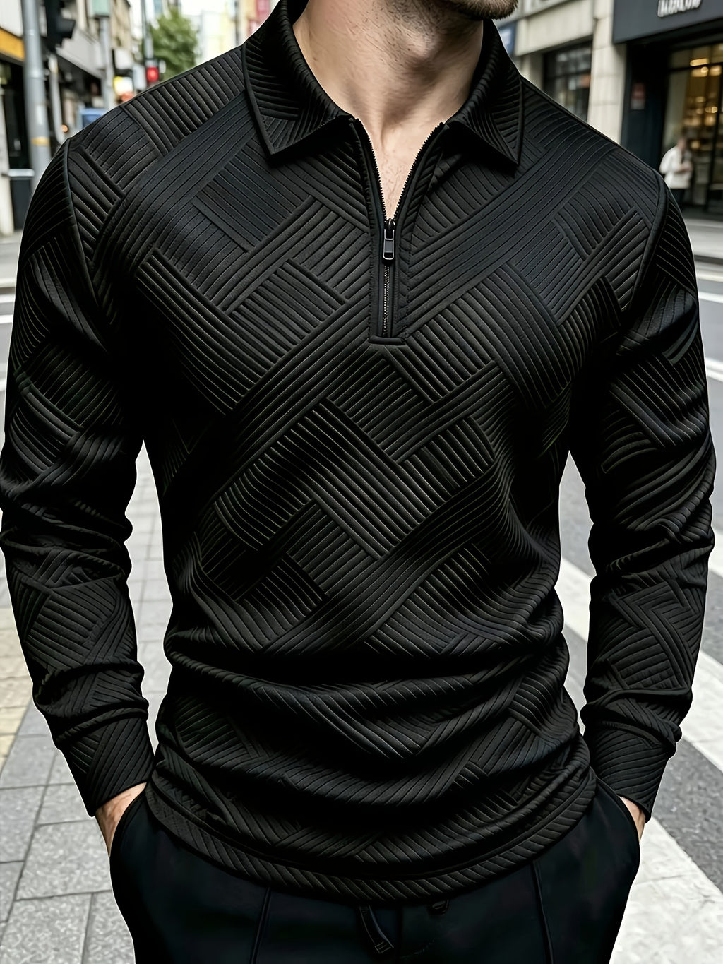 Autumn New Men'S Half-Zipper Long Sleeve POLO Shirt, Black Geometric Texture Pattern Light Business Casual Base Layer Top - Black