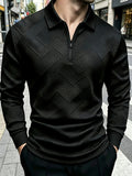Autumn New Men'S Half-Zipper Long Sleeve POLO Shirt, Black Geometric Texture Pattern Light Business Casual Base Layer Top - Black