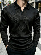 Autumn New Men'S Half-Zipper Long Sleeve POLO Shirt, Black Geometric Texture Pattern Light Business Casual Base Layer Top - Black