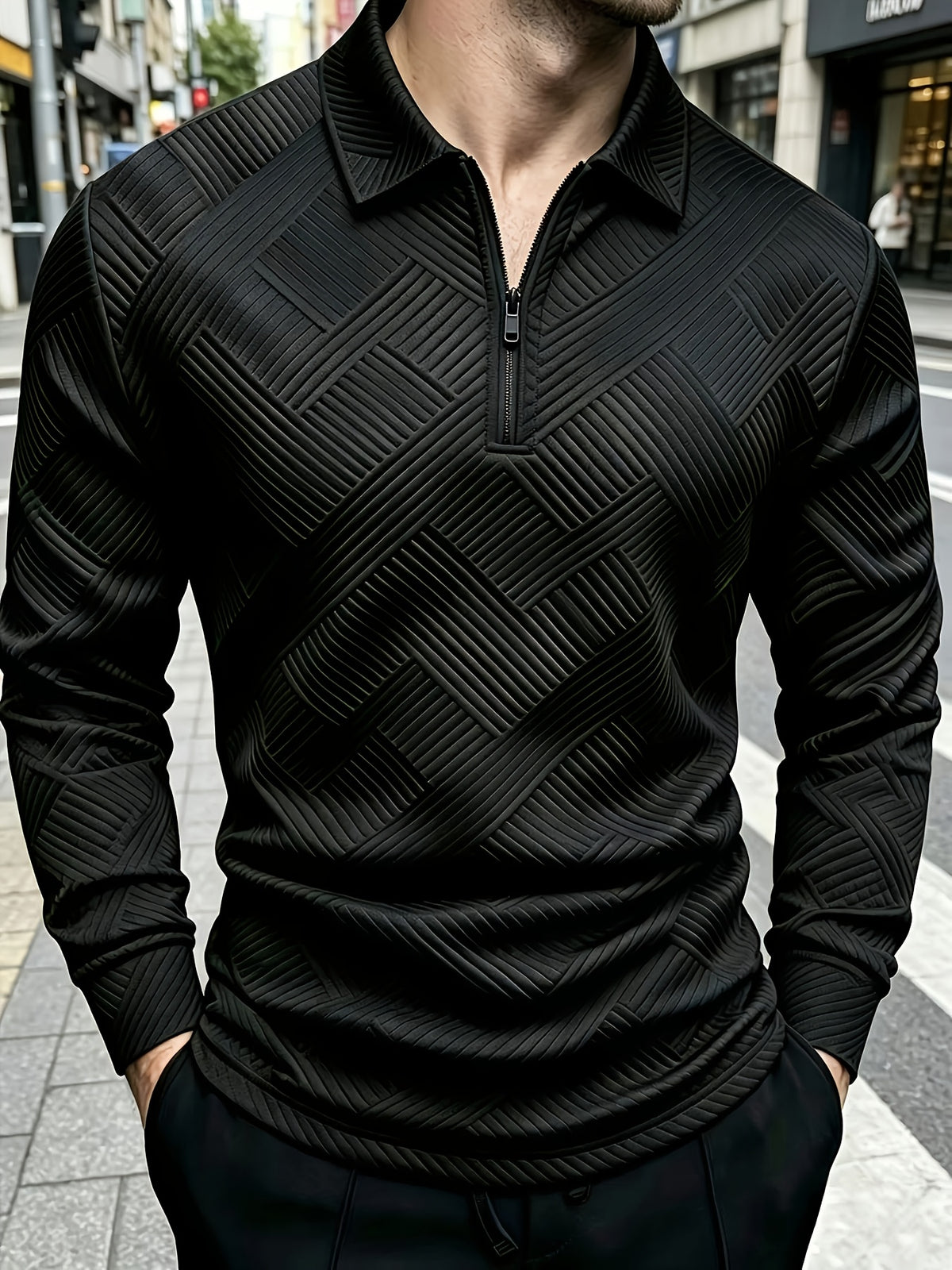 Autumn New Men'S Half-Zipper Long Sleeve POLO Shirt, Black Geometric Texture Pattern Light Business Casual Base Layer Top - Black