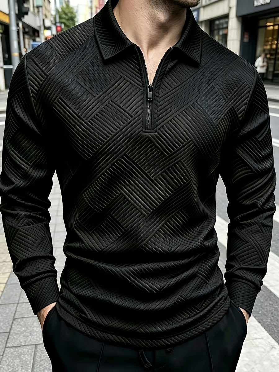 Autumn New Men'S Half-Zipper Long Sleeve POLO Shirt, Black Geometric Texture Pattern Light Business Casual Base Layer Top - Black