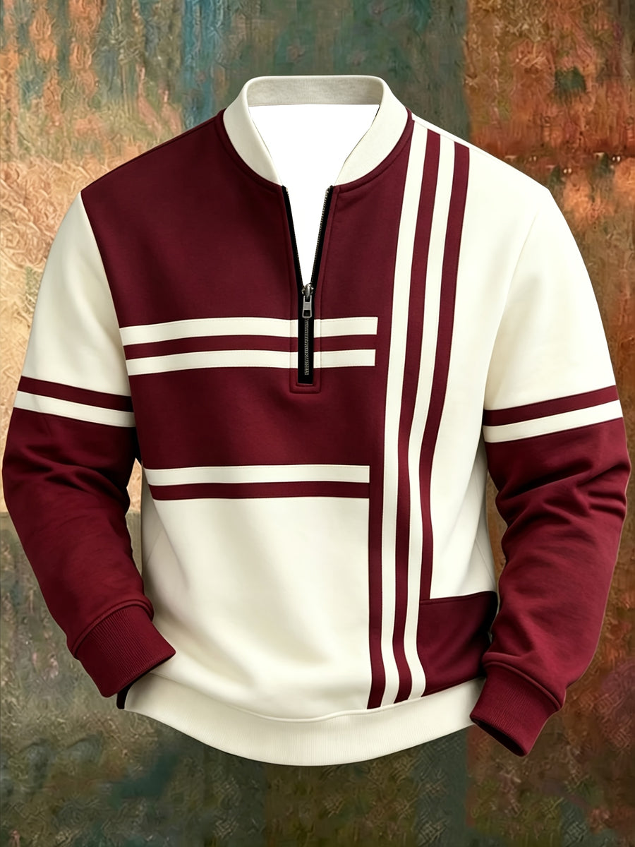 [Print Design - Not Textured] Men'S Retro Color-Block Striped Half-Zip Baseball Collar Loose Digital Print Sweatshirt, Autumn Winter Casual Commute All-Match Top - Mixed colors