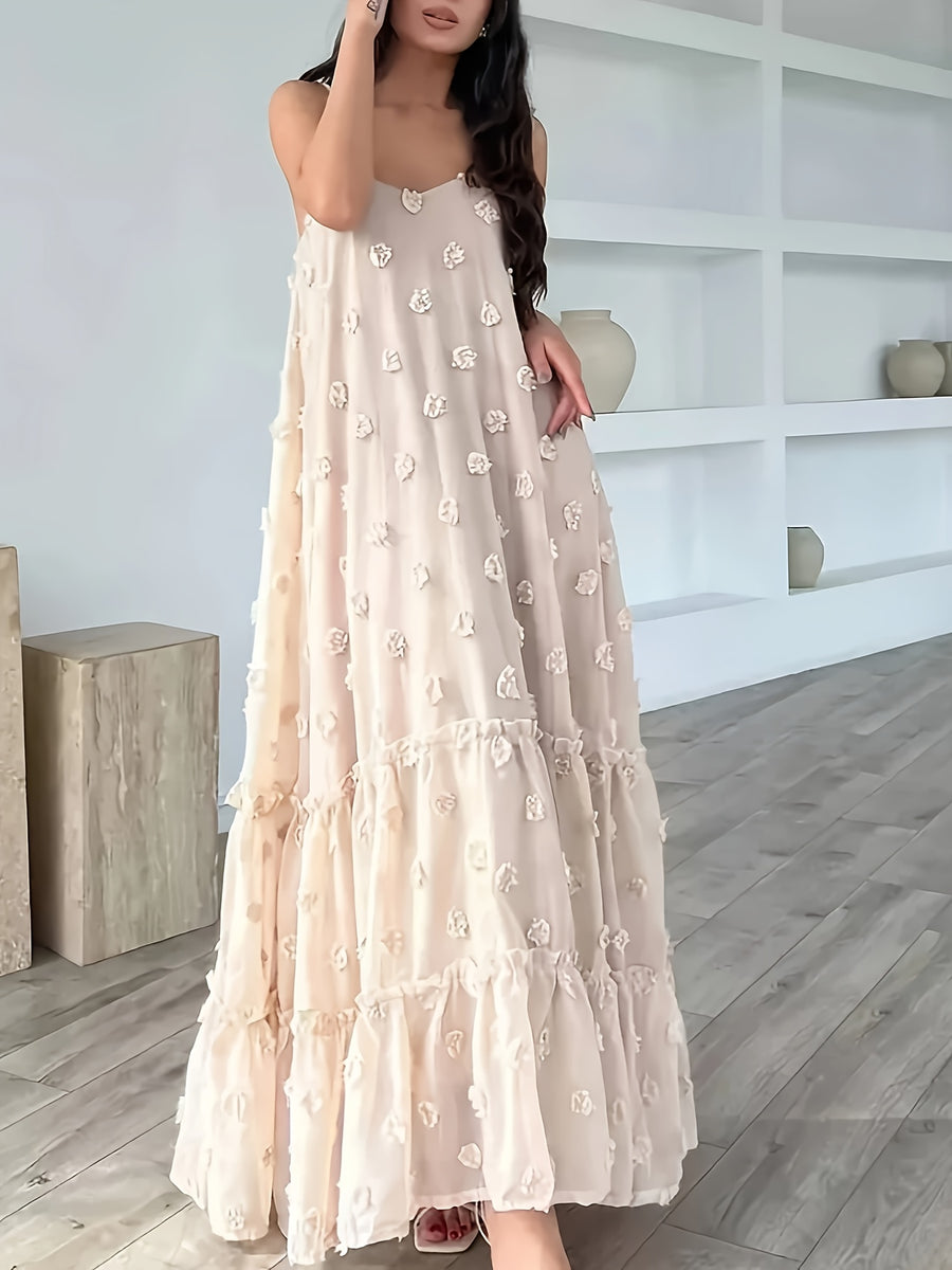 A Women's Elegant Loose A-Line Floral Decorated Dress - Niannian - Apricot