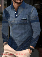 Men's Denim Patchwork Lapel Polo Shirt - Vintage Suitable for Daily Commuting & Outdoor Wear, Breathable Long-Sleeve Shirt with Simulated Denim Collar, Machine Washable, Spring Summer Fall Casual Wear for Office to Outdoor Transition - Mixed colors