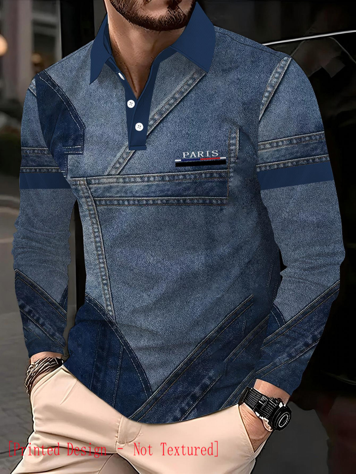 Men's Denim Patchwork Lapel Polo Shirt - Vintage Suitable for Daily Commuting & Outdoor Wear, Breathable Long-Sleeve Shirt with Simulated Denim Collar, Machine Washable, Spring Summer Fall Casual Wear for Office to Outdoor Transition - Mixed colors