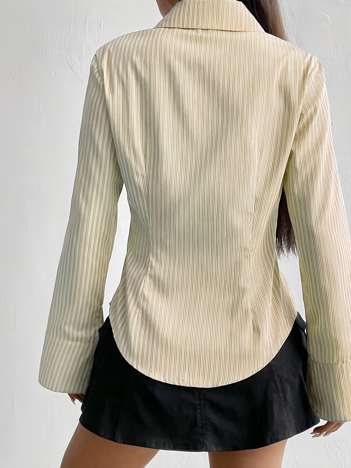 Pure Desire Style Slim Striped Shirt High Waist Curved Hem Hot Long-Sleeved Shirt - 【Light Yellow】