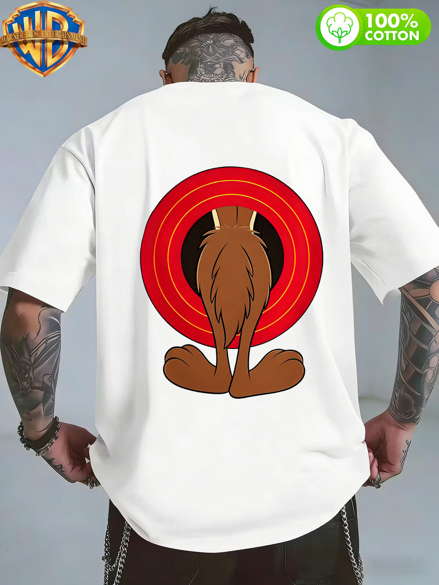 Authorized by Warner Bros., 1pc, American Retro Cartoon Contrast Sense Distorted Heart Wolf Trendy T-Shirt, Men'S 100% Casual Comfortable Versatile Loose Summer Short Sleeve T-Shirt, Double-Sided Print Front And Back, Suitable for Outdoor Wear, Gym - White