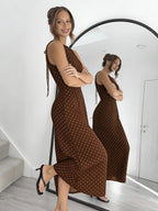 Women's Brown Polka Dot Round Neck Sleeveless Backless Cut-Out Tie-Up Slim Fit Elegant Vintage Sexy Dress - Coffee Brown
