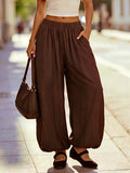 Women's High-Waist Wide-Leg Trousers with Elastic Waist - Vintage Cuffed Flared Pants Suitable for - Wear, Loose Tapered Leg, Beltless Solid Color Pants for Casual & Professional Outfits (Machine Washable) - Coffee Color