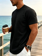 Summer Heavy Texture Men'S Loose Stretch Easy Basic Round Neck Trendy Short Sleeve - Black