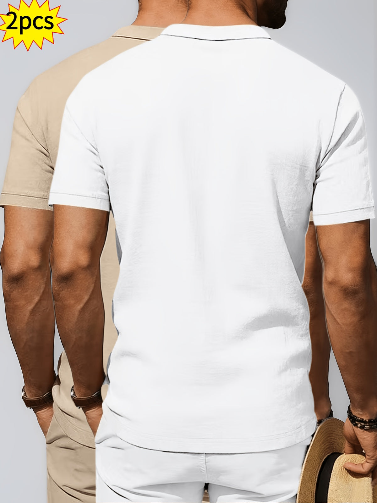 2pcs Summer Cooling Linen Polo Shirt Set, Men'S Breathable Solid Casual Shirts - White+Khaki