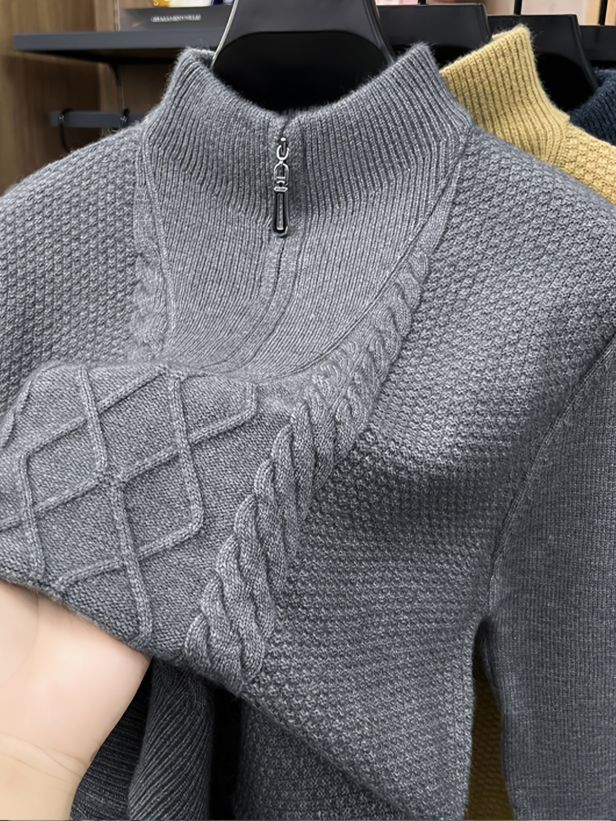 Men'S Thickened Semi-Open Zipper Stand Collar Knit Sweater, Ribbed Cuffs And Hem, Autumn/Winter Style, Single Wear And Layering, Light Mature Business Casual Style - 【Light Grey】