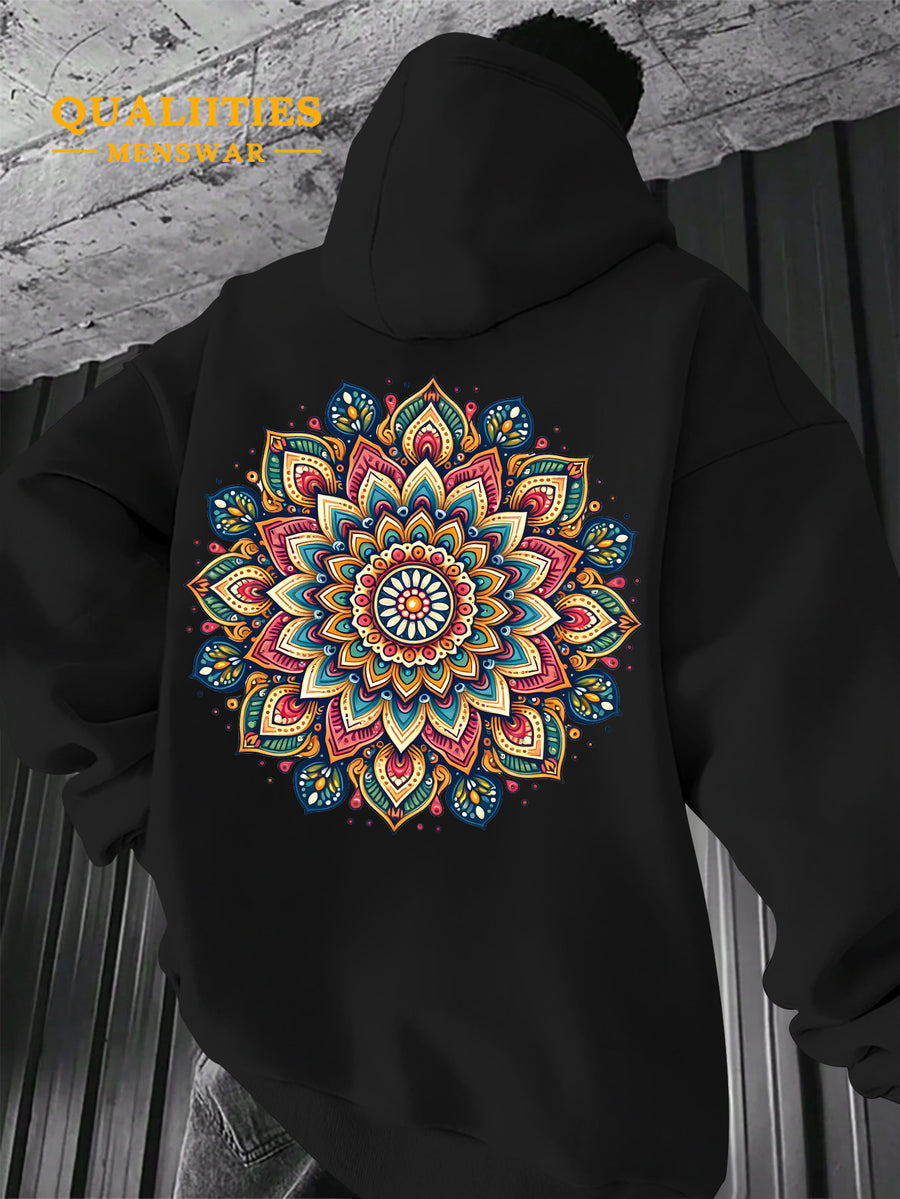 Men's "Mandala" Print Hooded Sweatshirt - Relaxed Fit, Simple and Distinctive Design, Loose Cut for Comfort and Style, Machine Washable Casual Pullover for Autumn/Winter, Suitable for Casual Wear, Hooded Sweater, Winter Apparel, Fashionable Design - Black