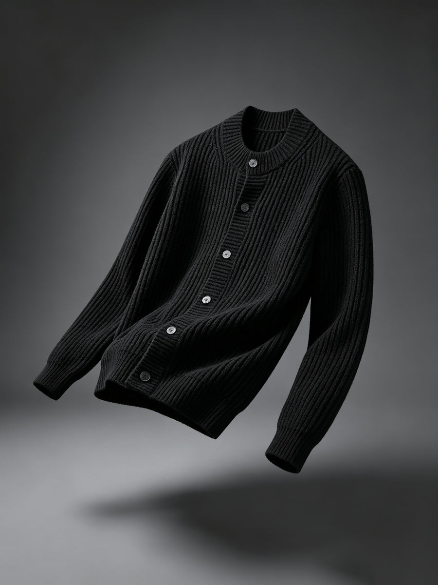 Men'S Round Neck Button-Up Knit Pullover, Ribbed Texture Long Sleeve Sweater Jacket, Casual Loose Outerwear Winter Clothes for Men - Black