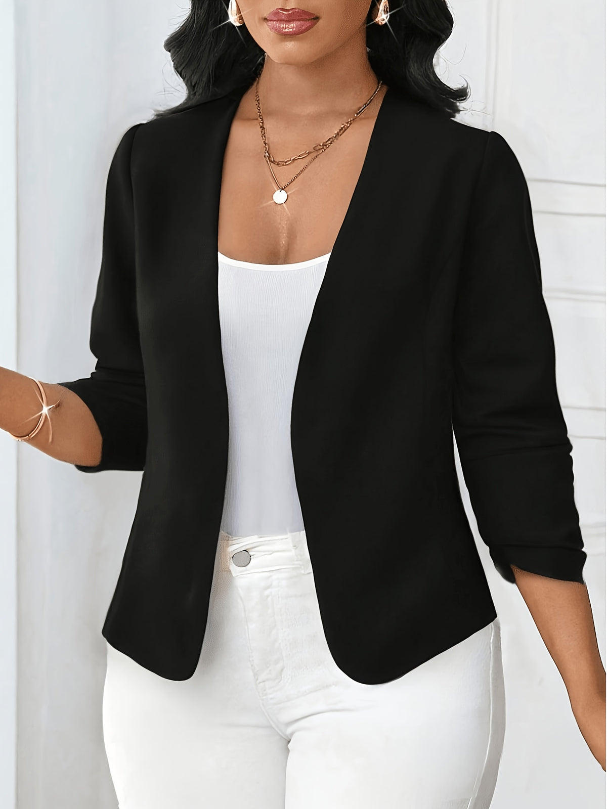 Elegant Women's Open-Front Pleated Long-Sleeve Black Jacket, Versatile Autumn Women's Clothing, Women's Spring-Summer Apparel - Black