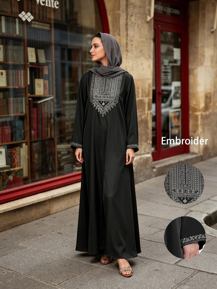 Muslim Ethnic Style Intricate Embroidery Craft Round Neck Long Sleeve Elegant Casual Long Dress Abaya (Headscarf Not Included) - Black