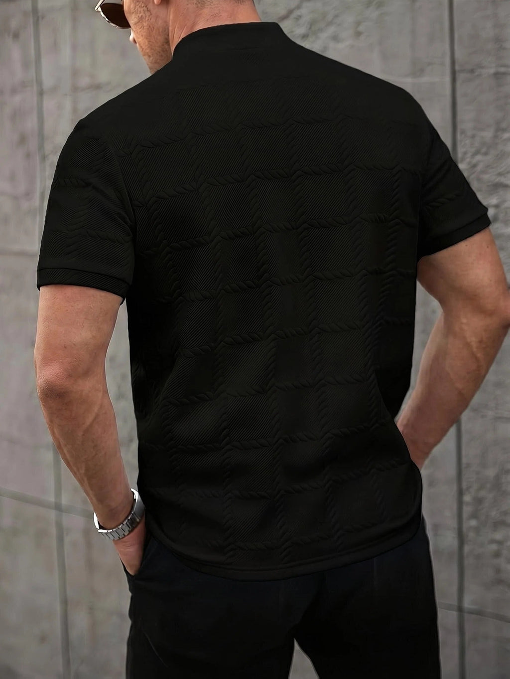 New Cross-Border Men's Fashion Summer Wear, Casual Sporty Short Sleeve Stand Collar Henley Shirt - Black