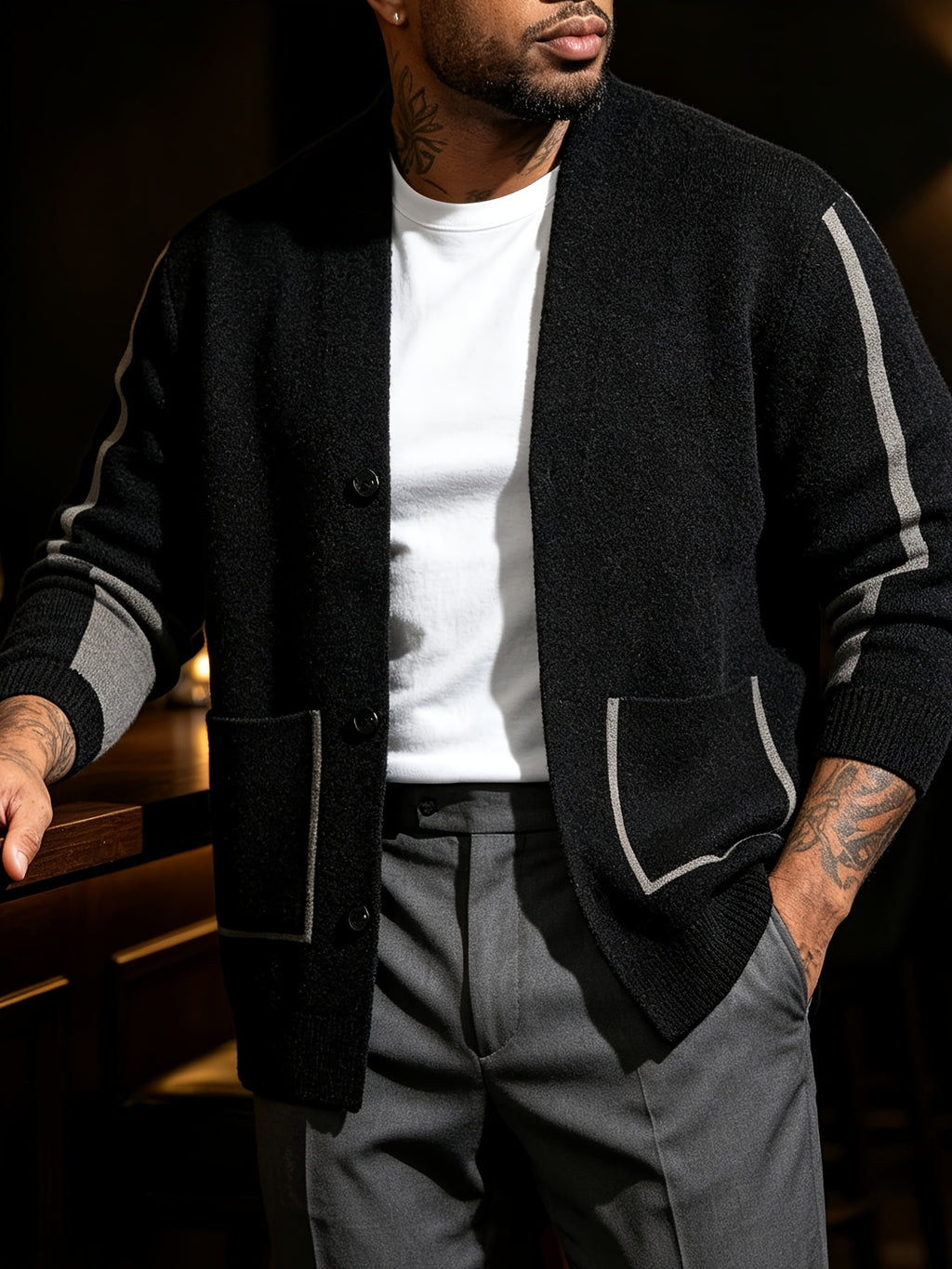 Autumn Winter New Men'S Color-Block V-Neck Knit Cardigan Light Business Casual Loose Sweater Jacket - 10266-8909 Black