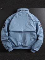 Men'S Thickened Windproof Racing Style Jacket, Stand Collar Full Zip Closure, Letter Patch Badge Decor, Windproof And Warm, Loose Fit, Multi-Color Available, Suitable for Autumn/Winter Motorcycle Riding, Road Trips, Travel Holidays, City Commuting - Blue