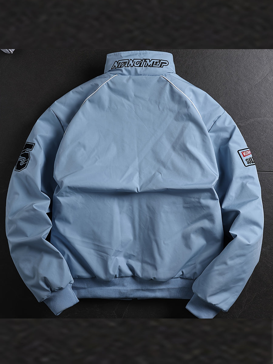 Men'S Thickened Windproof Racing Style Jacket, Stand Collar Full Zip Closure, Letter Patch Badge Decor, Windproof And Warm, Loose Fit, Multi-Color Available, Suitable for Autumn/Winter Motorcycle Riding, Road Trips, Travel Holidays, City Commuting - Blue