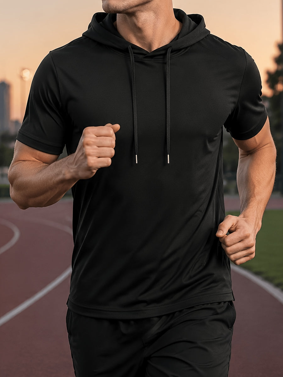 Men's Lightweight Breathable Short-Sleeve Hooded Sweatshirt - Solid Color Loose Fit Hoodie Suitable for Gym, Running, Outdoor Commuting | Machine Washable Pullover Hooded T-Shirt for Youth &, Basic Versatile Casual Wear - Black