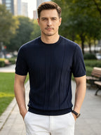 2026 Summer New Laysier And Linen Men'S Textured Vertical Pock-Dot Knit Short Sleeve Light Business Gentleman All-Match Round Neck Solid Color Casual T-Shirt - Navy Color