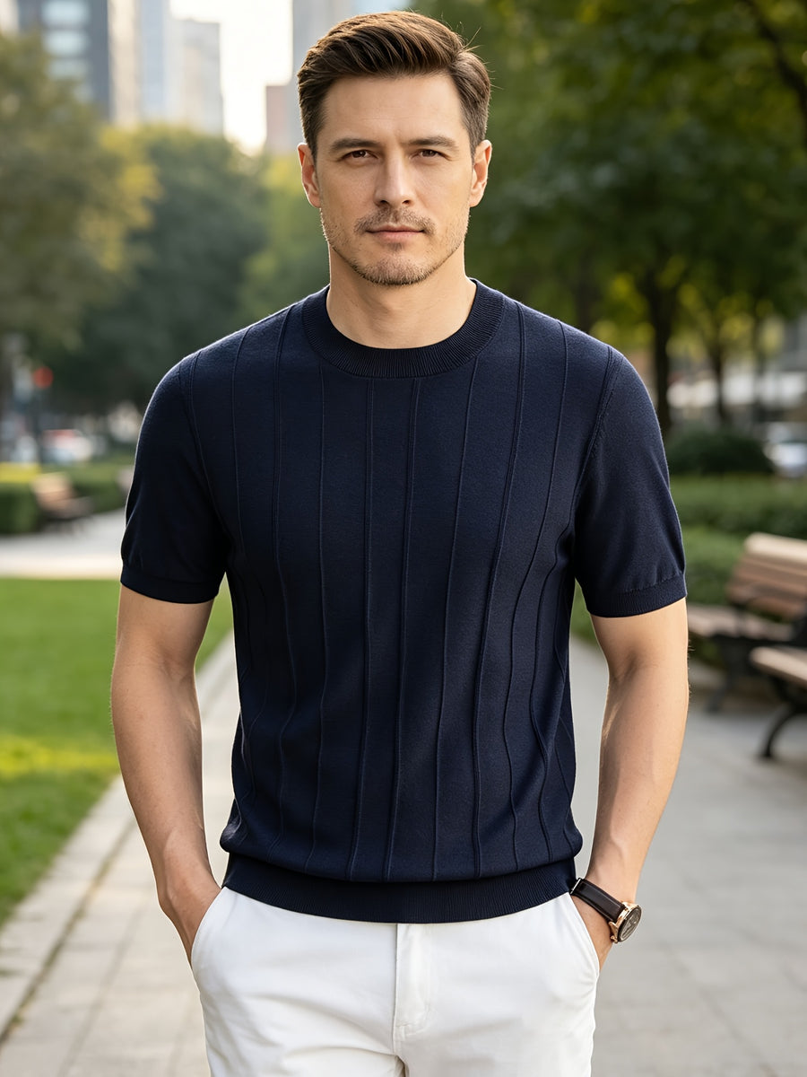 2026 Summer New Laysier And Linen Men'S Textured Vertical Pock-Dot Knit Short Sleeve Light Business Gentleman All-Match Round Neck Solid Color Casual T-Shirt - Navy Color