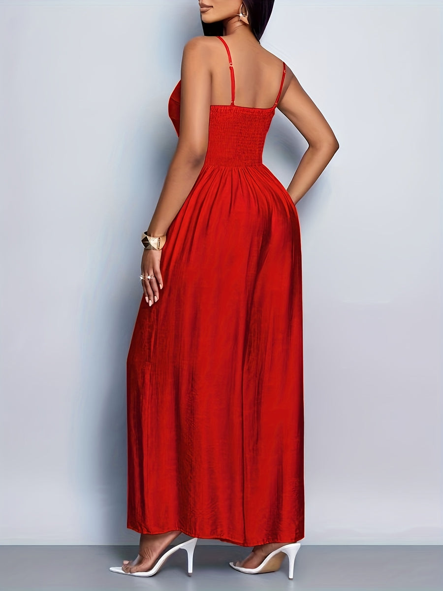 Women'S Draped Front Lace Up Backless Wide Leg Cami Jumpsuit | Elegant Solid Color, Sleeveless, Long Length, Suitable for Everyday Wear & Vacation - 【Red】