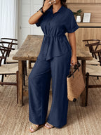 Women'S Elegant Polo Neck Pullover And Solid Color Long Pants, Summer New Arrival, Door-To-Door Access, Waist Tie Solid Top Casual to Formal Two-Piece Set, Machine Washable And Dry Cleanable - Blue