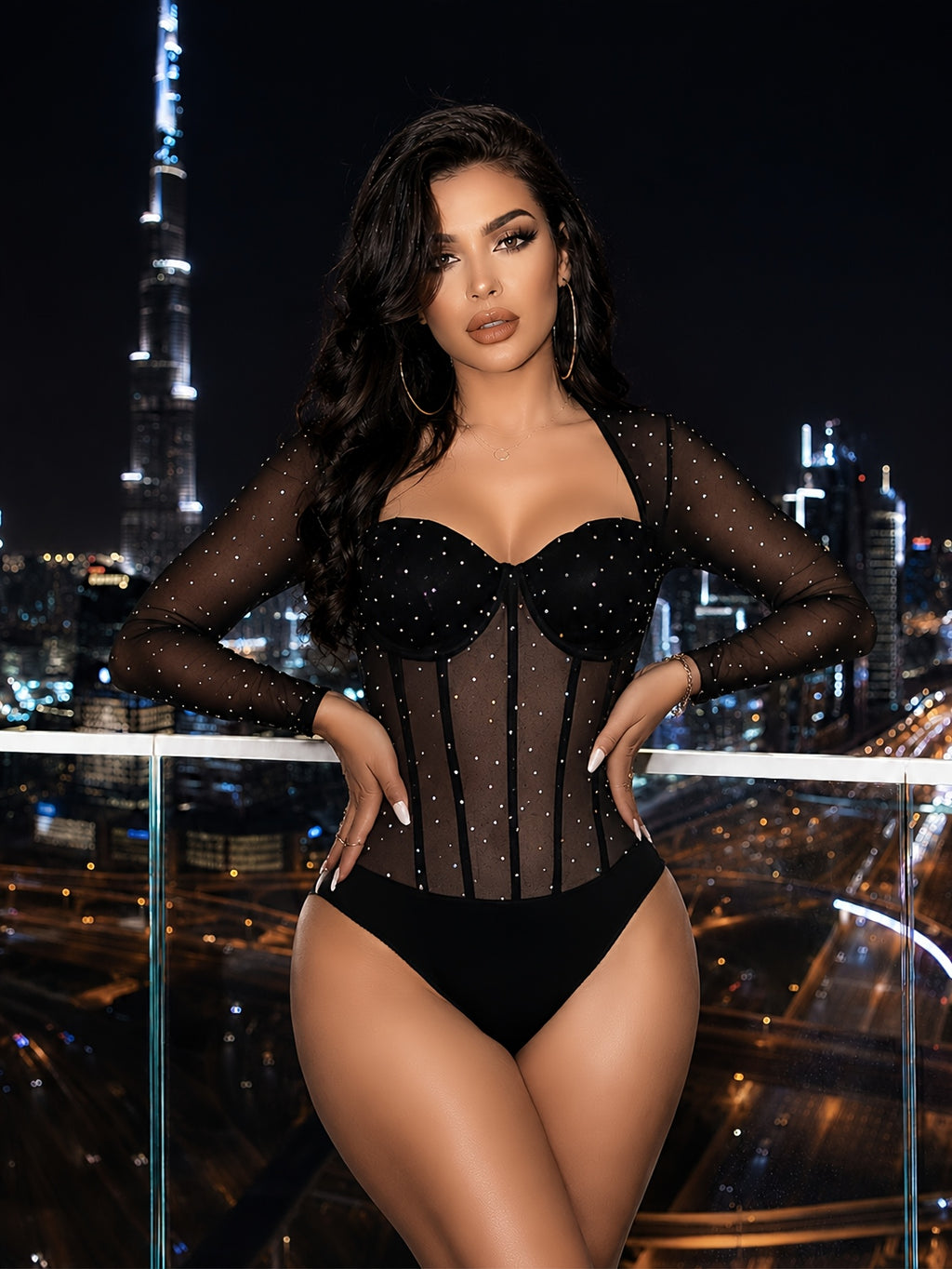 Women's Party Bodysuit, Sequined Mesh Long Sleeve Bodysuit with Heart-Shaped Neckline, Underwire, Boning, and Corset Waist Cinching Shapewear Nightclub Top, Y2K Starlight Sequin Sheer Bodysuit. Suitable for Nightclub Dancing, Bar Parties - Black