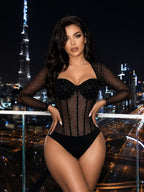 Women's Party Bodysuit, Sequined Mesh Long Sleeve Bodysuit with Heart-Shaped Neckline, Underwire, Boning, and Corset Waist Cinching Shapewear Nightclub Top, Y2K Starlight Sequin Sheer Bodysuit. Suitable for Nightclub Dancing, Bar Parties - Black