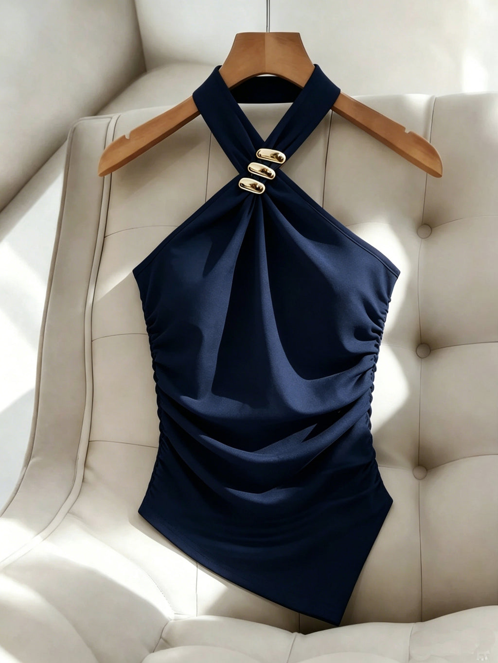 Women'S Solid Color Halter Slim Off-Shoulder Elegant Asymmetrical Hem Top, Side Waist Cinched Ruched Blouse, Metal Decor Button Design, Suitable for Dates, Gatherings, Commuting, Casual Fashion Versatile Premium Style - All-Season - Navy Color