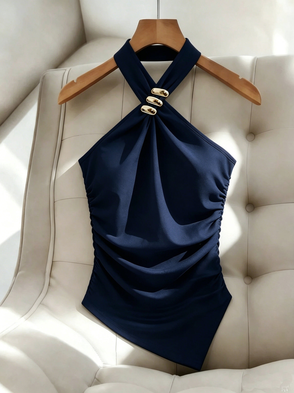 Women'S Solid Color Halter Slim Off-Shoulder Elegant Asymmetrical Hem Top, Side Waist Cinched Ruched Blouse, Metal Decor Button Design, Suitable for Dates, Gatherings, Commuting, Casual Fashion Versatile Premium Style - All-Season - Navy Color