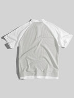 Men's New Summer Waffle Knit POLO Shirt, Casual Loose Fit Breathable Short Sleeve Zipper Half-Open Placket Color Block Patchwork Top with Raglan Sleeves, 2-in-1 Look T-shirt - Grey