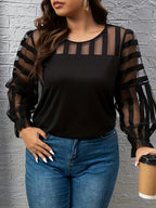 Women's Elegant Lace Trim Long Sleeve T-Shirt - Loose Fit Solid Black Top, Round Neck All-Season Machine Washable Blouse for Casual & Formal Wear, Versatile Fashion, Sophisticated Style, Layered Texture - Black
