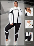Plus Size Women's Fashion Sports & Leisure Yoga Street Running Outdoor Workout Color Block Patchwork Jacket with Leggings Set - Black Stitched With White