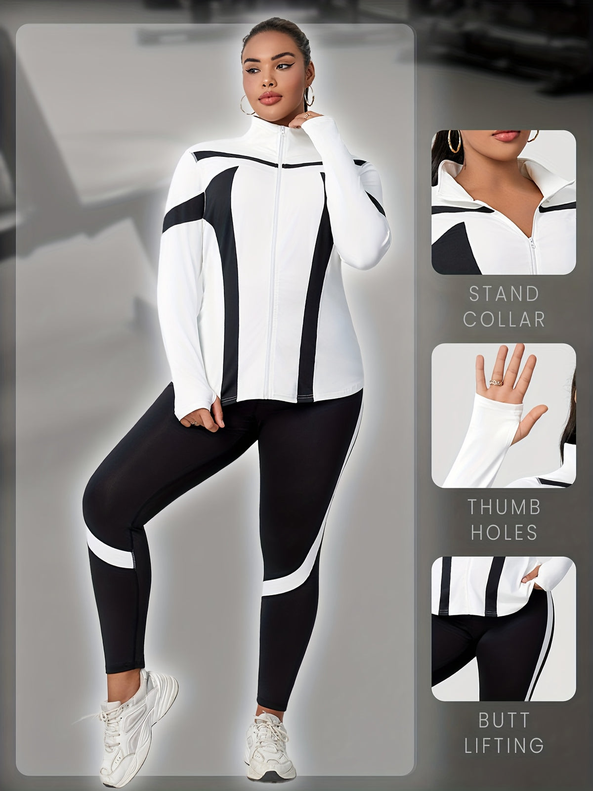 Plus Size Women's Fashion Sports & Leisure Yoga Street Running Outdoor Workout Color Block Patchwork Jacket with Leggings Set - Black Stitched With White