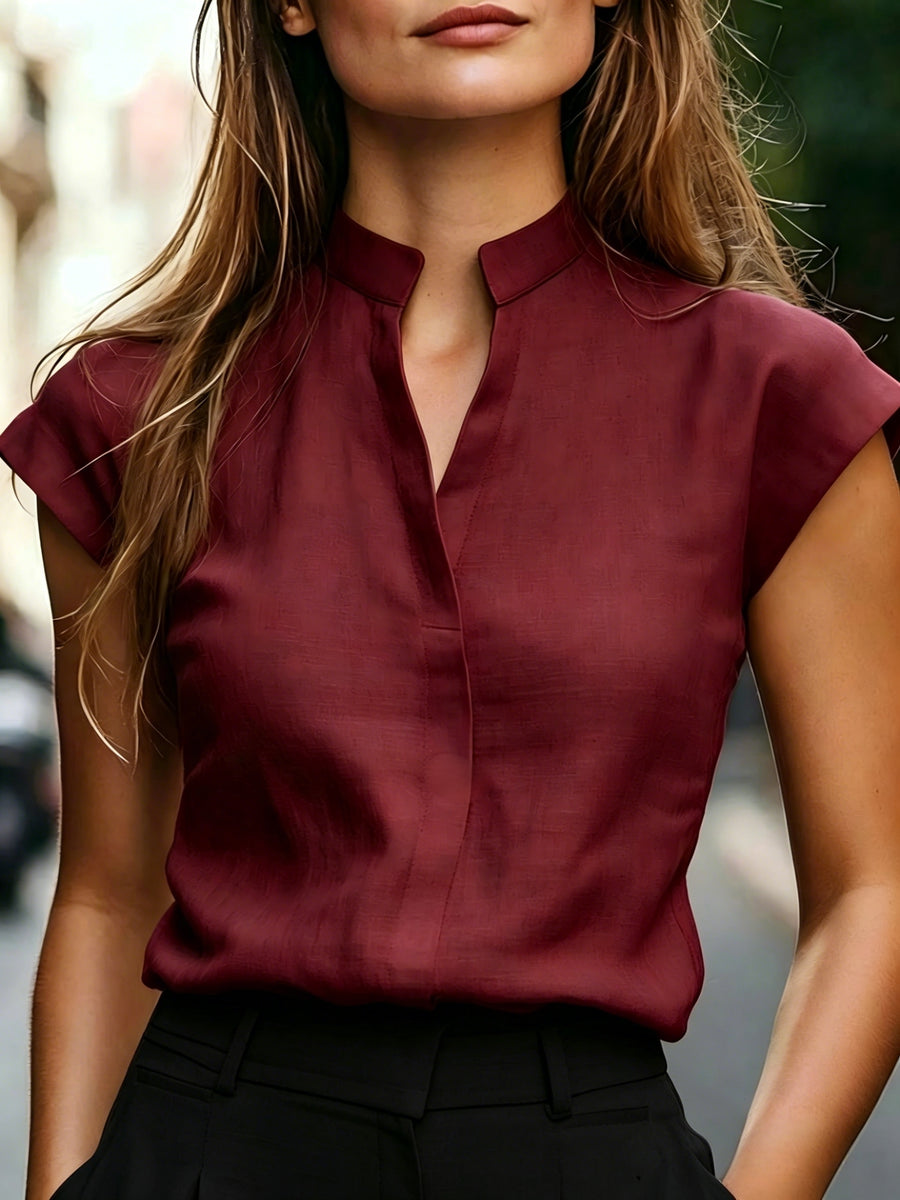 Stand-Up Collar Sleeveless Shirt Women'S Summer Commute V-Neck Top Temperament Office Blouse Women'S Summer Clothing - Burgundy