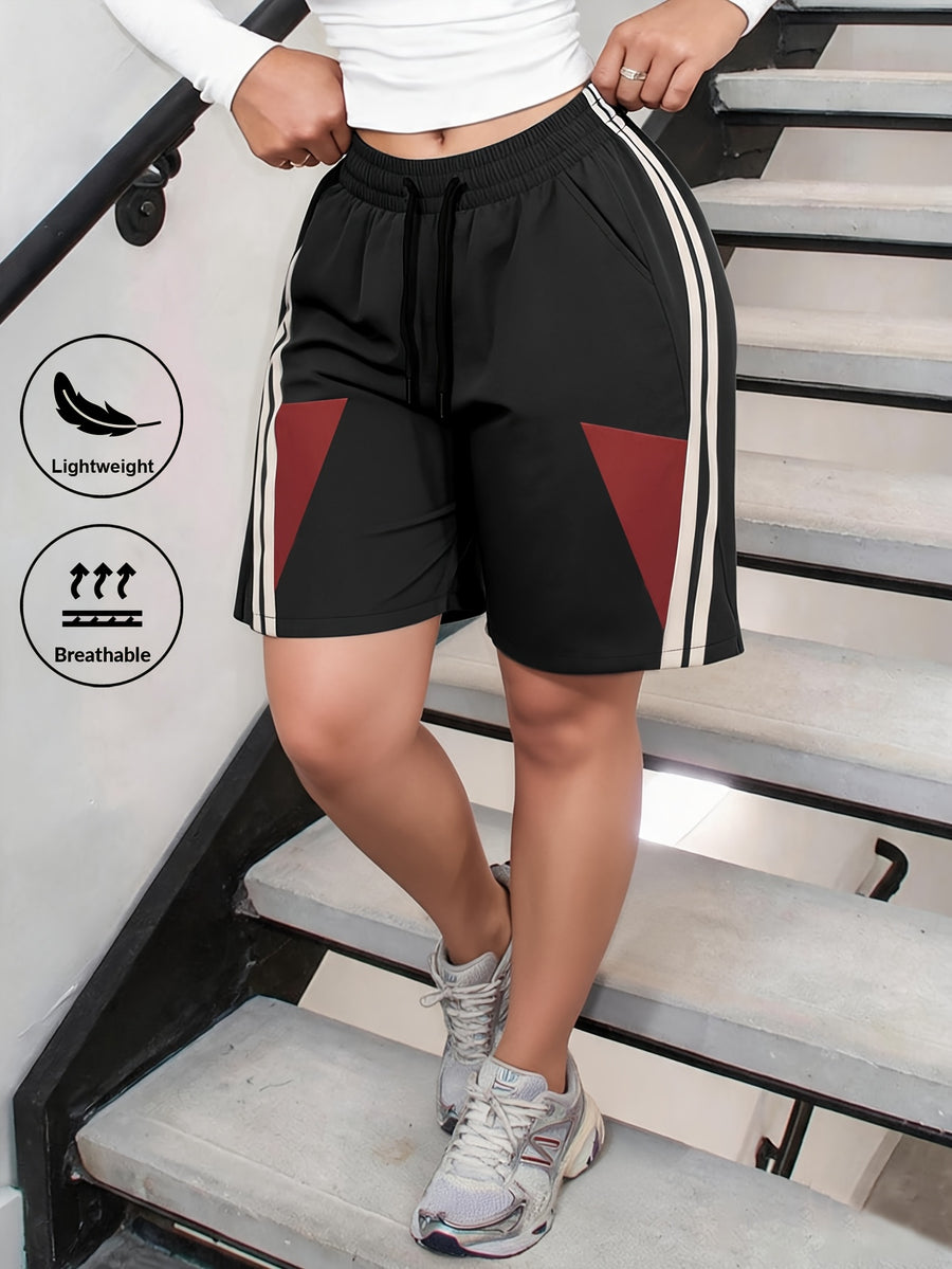 New Summer Women's Trendy Knee-Length Pants with Color-Block Design, Elastic Waistband, and Pockets, Fashionable Shorts Suitable for Daily Wear and Outdoor S - Black