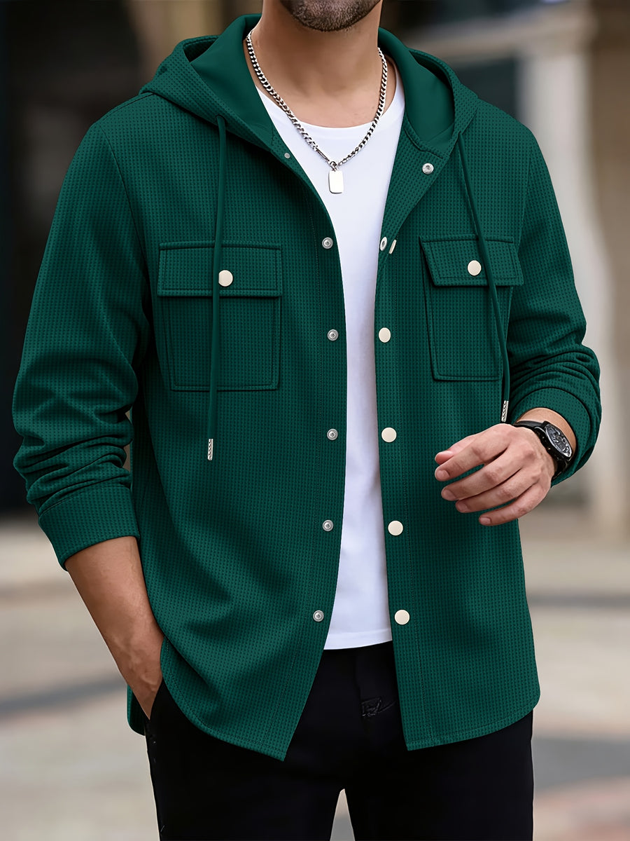 Men'S Waffle Knit Hooded Jacket - Button-Up Workwear Coat - Casual Jacket with Pockets - Spring And Autumn Commute Outfit - Korean Style for Outdoor Activities, Camping, Hiking - Green