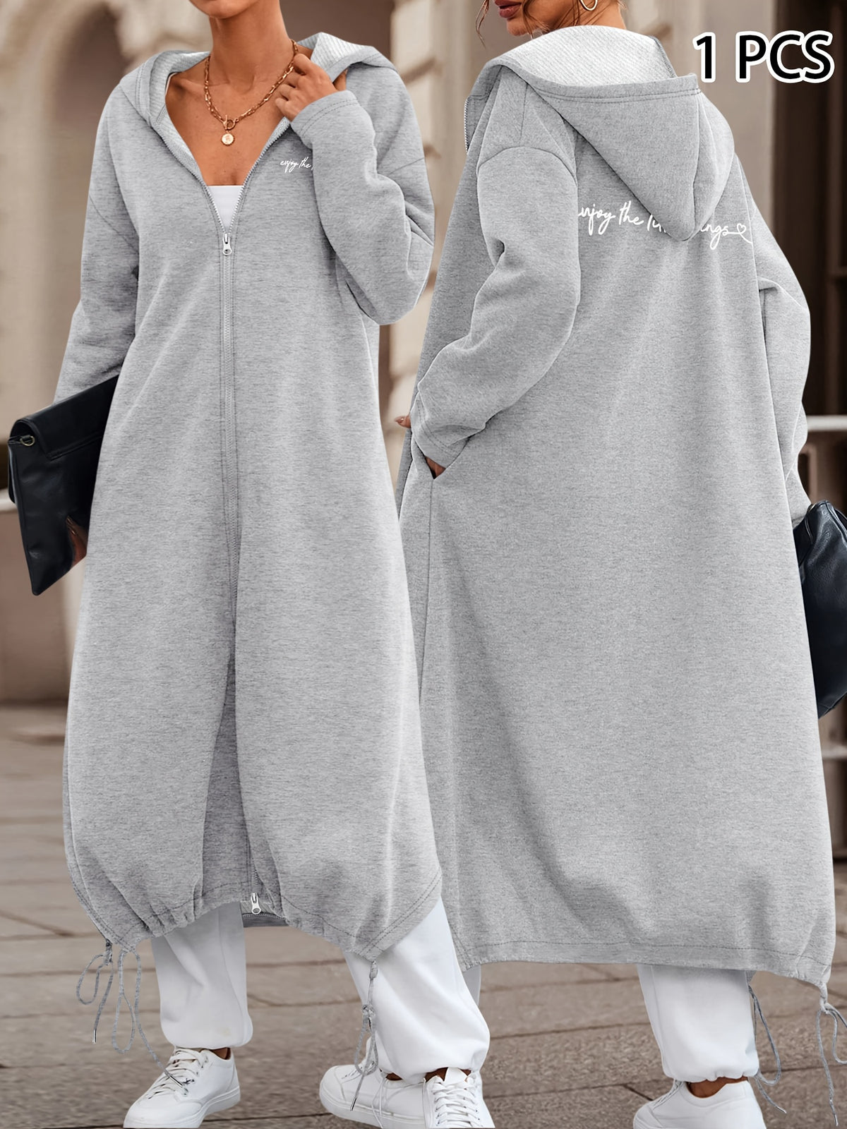 A Long Hooded Coat for Women in Autumn And Winter, Featuring Front And Back Prints in White Handwritten Style Saying 'Enjoy The Little Things'. It'S Comfortable And Casual, Suitable for Daily Commutes And Various Occasions - Grey