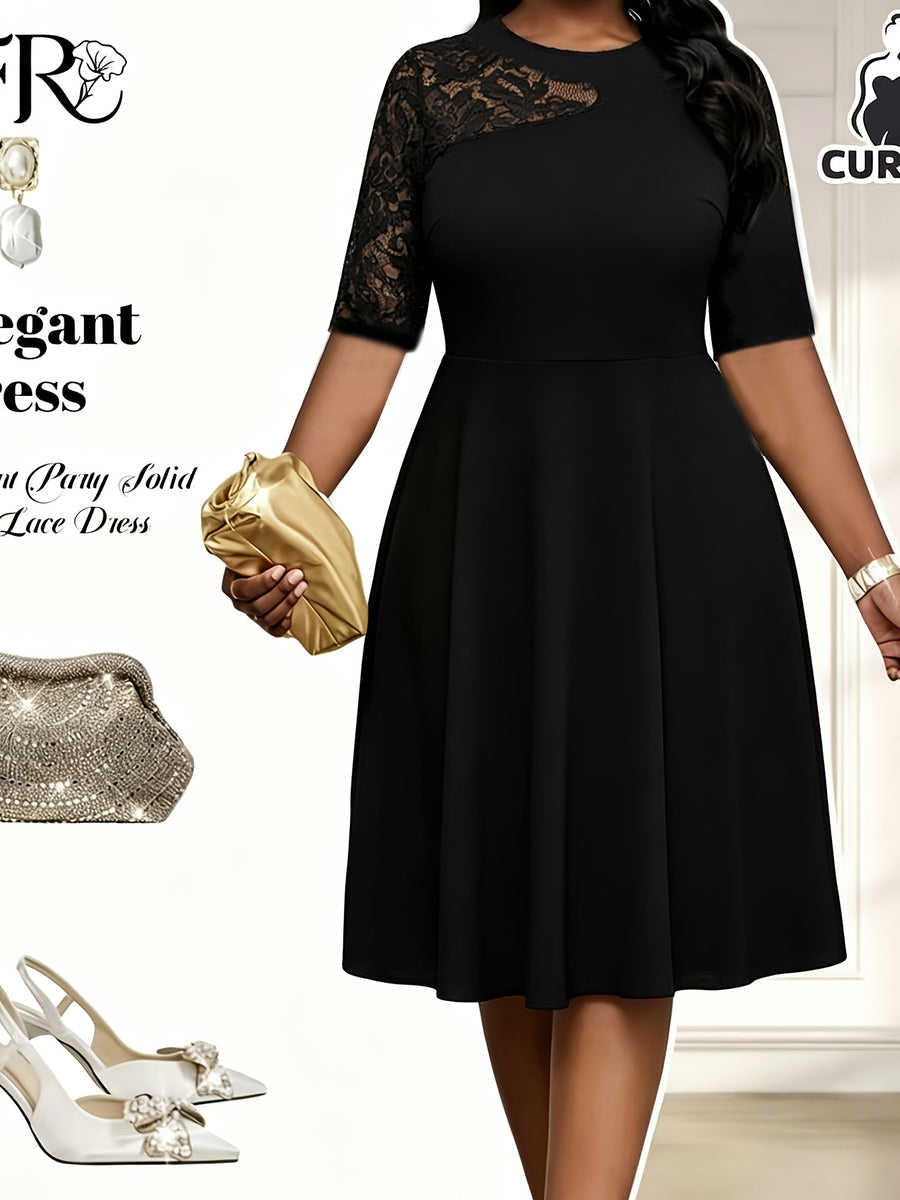Women's Elegant Party Style Solid Color Lace Spliced Midi Dress, Easter Formal Dress, Women's Graduation Gown, Wedding Guest Attire, Women's Vacation Bohemian Cruise Outfit, Women's Formal Gown, Accessories Not Included - Black