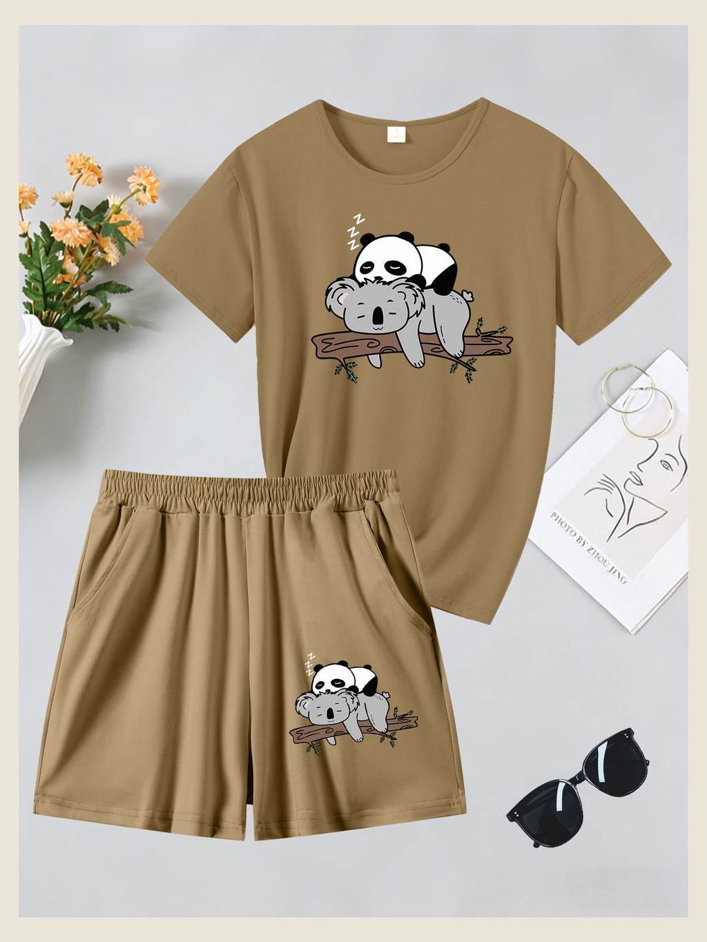 2pcs Women's Summer Short Sleeve Set—Panda Koala Cute Animal Print Short Sleeve Shorts Set, Comfortable, Soft, and Breathable for Sports and Daily Wear, Suitable for Back-to, Campus, Valentine's Day, Women's Pajamas, Jogging, Fitness, and as a Gift - Khaki+ Khaki