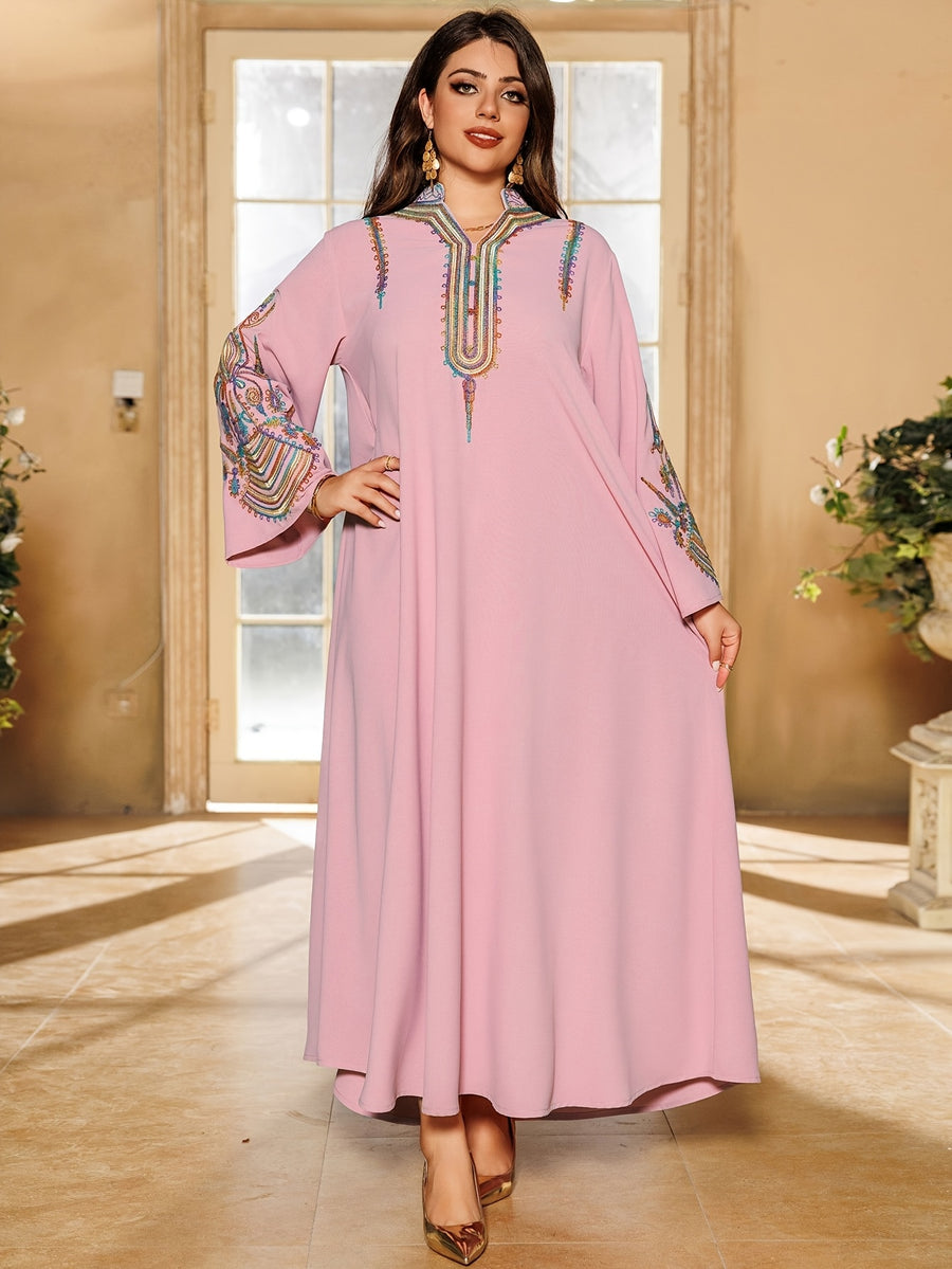 1pc Elegant Dubai Floral Embroidery Abaya Dress - Long Sleeve Non-Stretch Fabric, All-Season Middle Eastern Style Conservative Women'S Dress - Peach