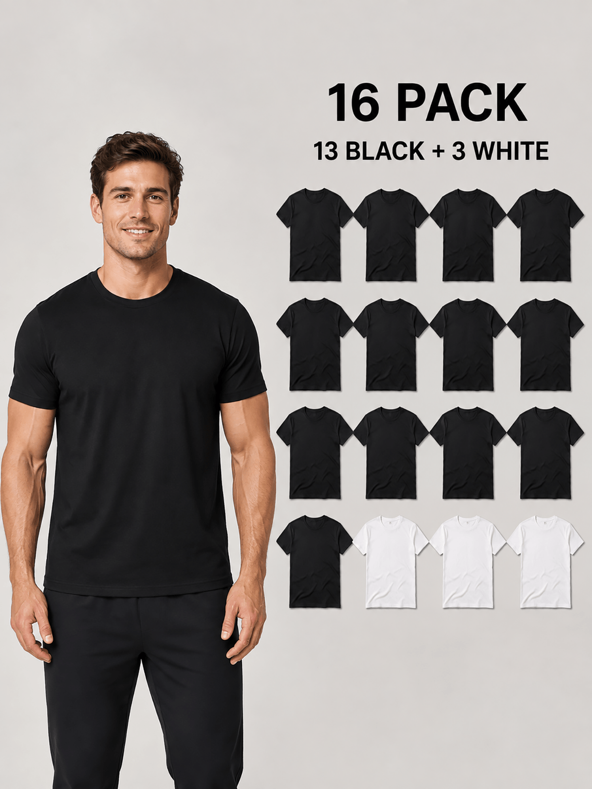 16pcs Men'S 100% Round-Neck Solid Color Short-Sleeve T-Shirts, Black And White, Soft And Breathable Basic Undershirts, Suitable for Daily Casual Wear, Sports, And Outdoor Wear - 13 Black 3 White 16 Pack