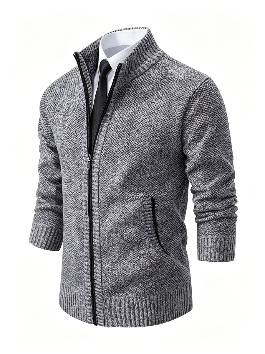 Men's Stand Collar Zip Up Knitted Cardigan Jacket, Casual Business Long Sleeve Sweater Coat with Pockets, Fall Winter Thick Warm Knit Outerwear for Men - Light Grey