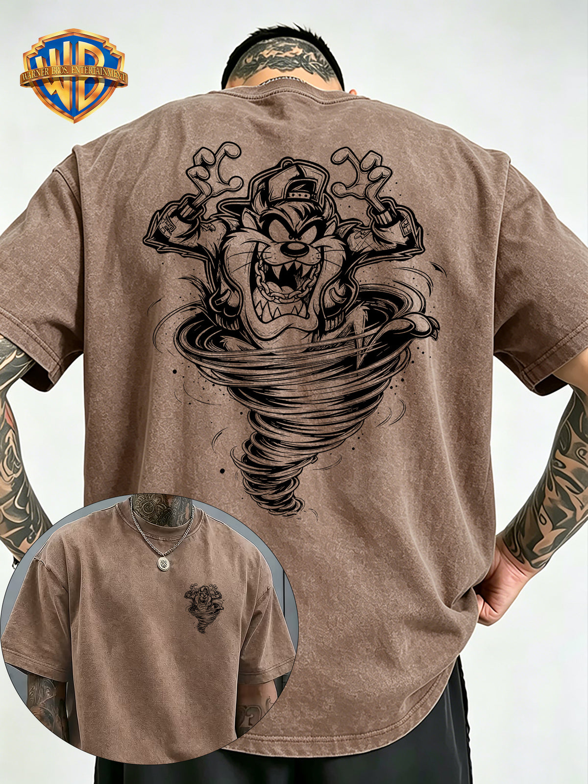 Whirlpool Mouth Monster Print Washed T-Shirt, Men'S 100% Fabric, Casual Comfortable Style, Loose Fit Breathable Short Sleeve Men'S Casual Top, Distressed Washed Loose Fit - Khaki