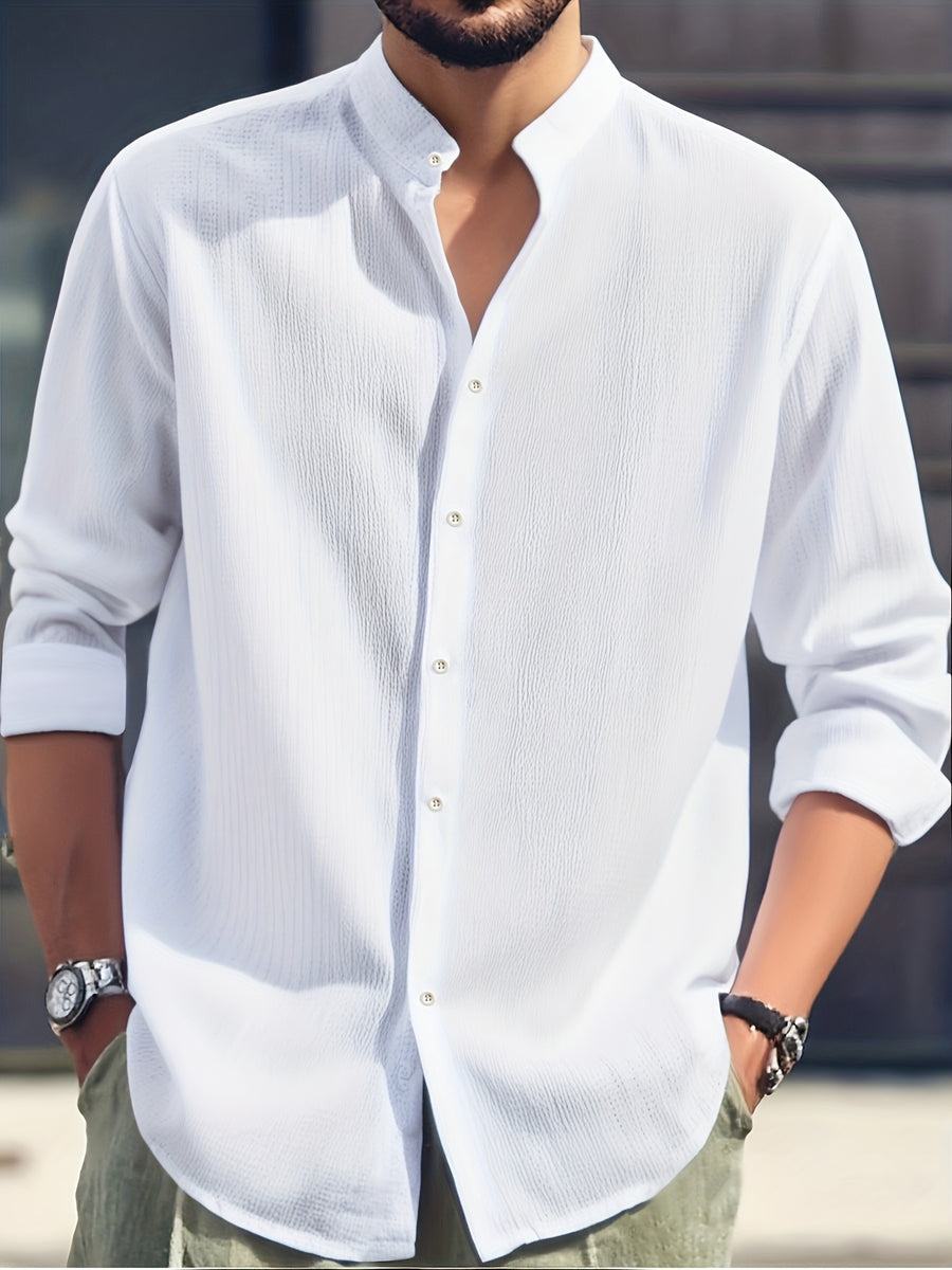 Men'S Fashion Casual Comfortable Long Sleeve Shirt - Lightweight Breathable Stand Collar Button-Up, Easy-Care Top, Machine Washable for Office And Casual Wear, Versatile Outfit for Events And Outings, Trendy Style Shirt - Milky