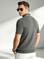 2026 New Fashionable Business Mature Men'S Casual Contrast Trim Lapel Short Sleeve Knit Polo Shirt, Slim Fit Breathable Knit Top, Summer Suitable for Daily, Office And Weekend Outfits - Grey