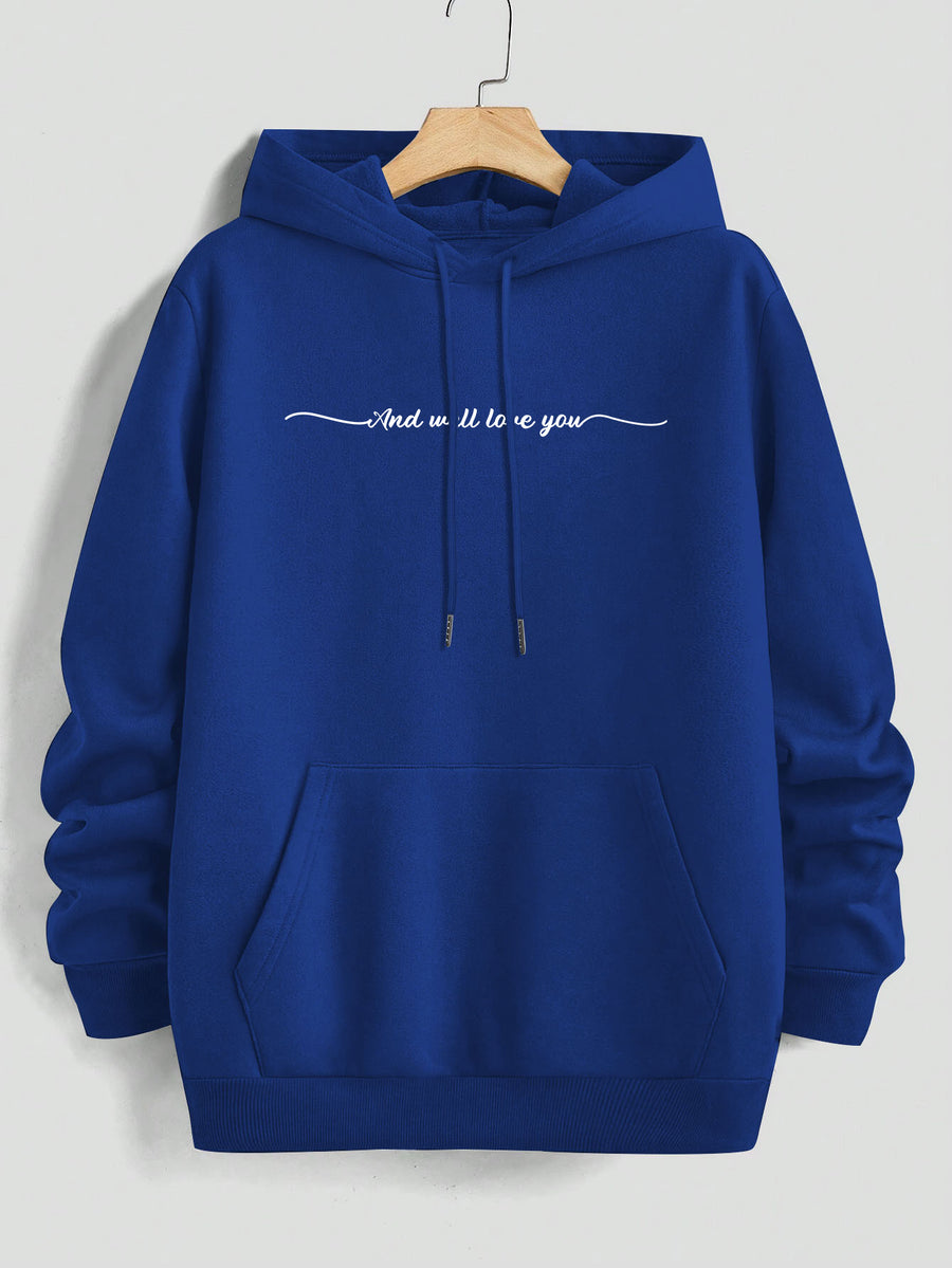 Men'S Yellow Hoodie with "And We'll Love You" Print - Cozy Fleece-Lined Pullover with Kangaroo Pocket, Casual Drawstring Hooded Sweatshirt for Spring & Fall, Comfortable Clothing | Relaxed Fit Hoodie | Fleece Lined Hoodie - Blue